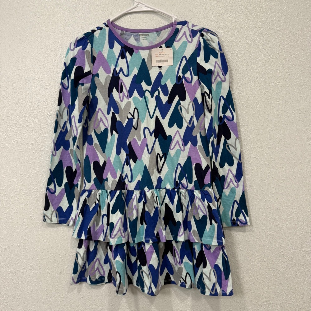 Gymboree Girls Blue Heart Print Ruffle Tiered Long Sleeve Cotton‎ Dress L 10